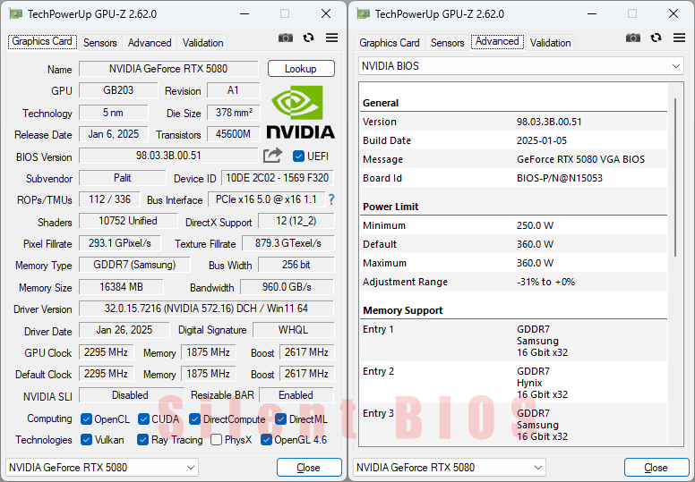 PALiT RTX 5080 GameRock OC 16G GPUZ; Silent BIOS