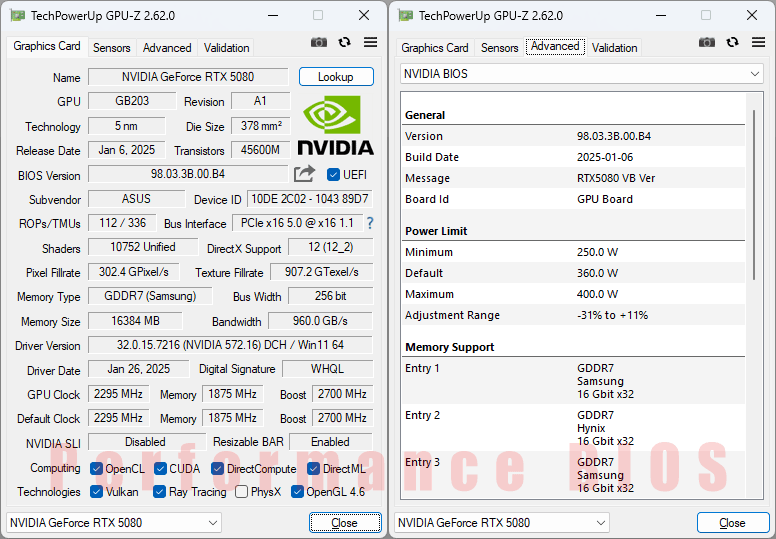 Asus TUF RTX 5080 O16G Gaming GPUZ; P-mód