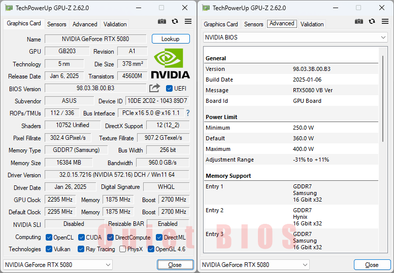 Asus TUF RTX 5080 O16G Gaming GPUZ; Q-mód