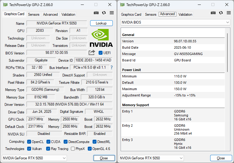 Gigabyte RTX 5050 GAMING OC 8G GPUZ