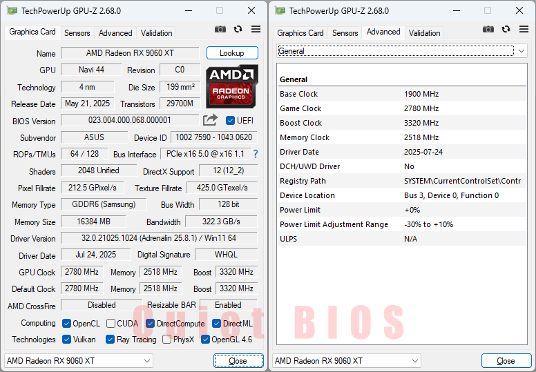 Asus TUF RX 9060 XT O16G Gaming videokártya GPUZ; Q-mode