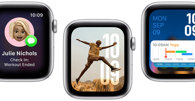 Öt Apple Watch, rajtuk a Fordító alkalmazás, a Kísérő alkalmazás, a Fotók számlap, a Moduláris számlap és az Életfunkciók alkalmazás.