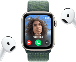 Egy Apple Watch bejövő hívással, mellette AirPodsok