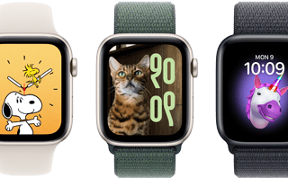 Hat Apple Watch, rajtuk számlapválasztási lehetőségek, beleértve a Memoji, Fotók, Portré és Snoopy számlapokat