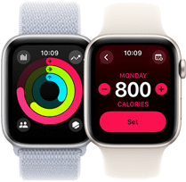 Két Apple Watch SE, amelyek az Aktivitás gyűrűit és a kalóriaégetési célt követik
