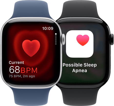 A Pulzusszám appban egy 68 BPM-es pulzusérzék látható egy Apple Watch Series 10 kijelzőjén, egy másik Apple Watch Series 10-en pedig az alvási apnoéval kapcsolatos értesítés jelenik meg