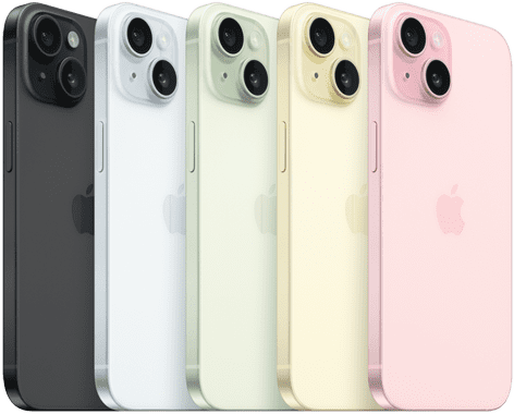 Az iPhone 15 hátlapja fejlett fotórendszerrel és színes üveggel, minden színben: fekete, kék, zöld, sárga, rózsaszín.
