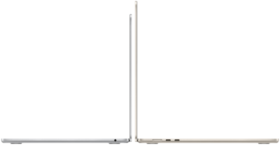 13 hüvelykes és 15 hüvelykes MacBook Air, nyitva és háttal egymásnak támasztva