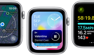Több Apple Watch SE képernyő előlapja különböző továbbfejlesztett alkalmazásokkal.