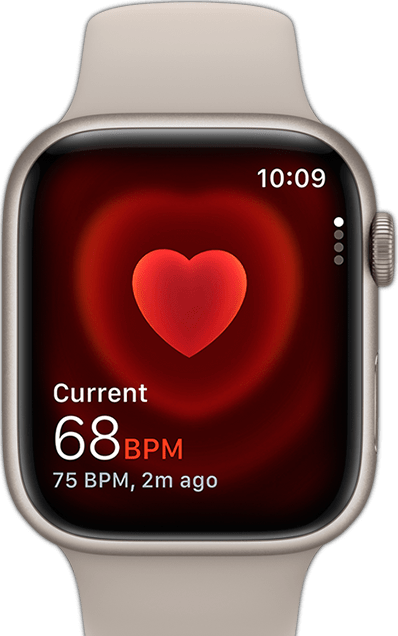 Az Apple Watch előlapja, amely mutatja valakinek a pulzusszámát.