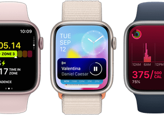 Az Apple Watch keretének elülső nézete, hogy az újratervezett watchOS 10-ben több információ látható egyszerre.