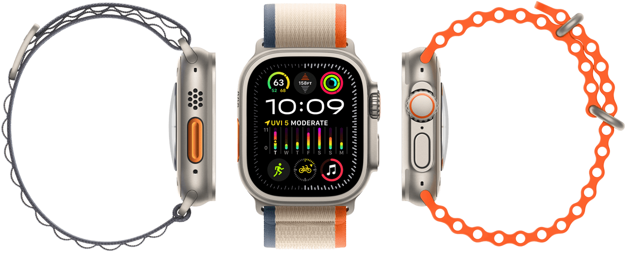 Apple Watch Ultra 2 - három különböző szíjtípussal való kompatibilitás bemutatása. Nagy kijelző, tartós titánium tok, narancssárga Action gomb és digitális korona látható