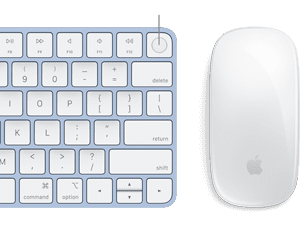 Az iMachez színben illő Magic Keyboard és Magic Mouse közeli képe, mely kiemeli a Touch ID ujjlenyomat-érzékelőt