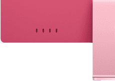 Rózsaszín iMac hátoldala a portokkal, valamint a csatlakozási lehetőségek: négy Thunderbolt port, Wi‑Fi 6E és Bluetooth  