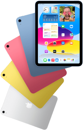 Elölről nézve az iPad képernyője, mögötte a négy iPad modell hátulja látható kék, rózsaszín, sárga és ezüst színben.