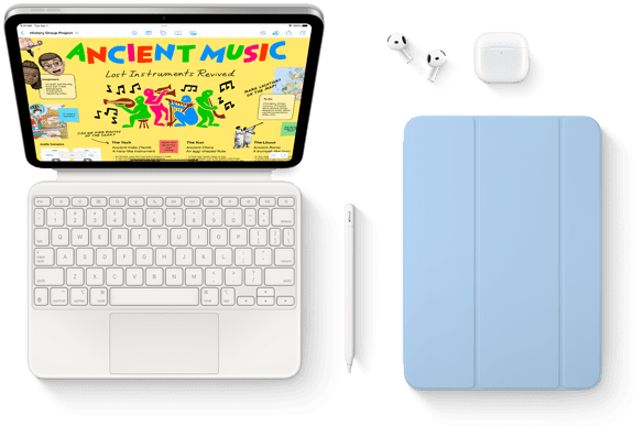 iPad rögzítve a Magic Keyboard Folio-hoz, Apple Pencil, AirPodok és Smart Folio