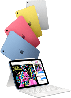 iPad kék, rózsaszín, sárga és ezüst színben, valamint iPad Magic Keyboard Folio tokban és Apple Pencil tollal