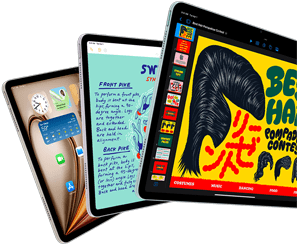 Displeje tří iPadů Air s ukázkou funkcí iPadOS a aplikací