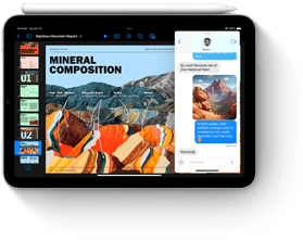 iPad mini vízszintes tájolásban, az Apple Pencil a felső szélén fekszik. A kijelzőn a multitasking és az iPad mini új Apple Intelligence funkciói láthatók.