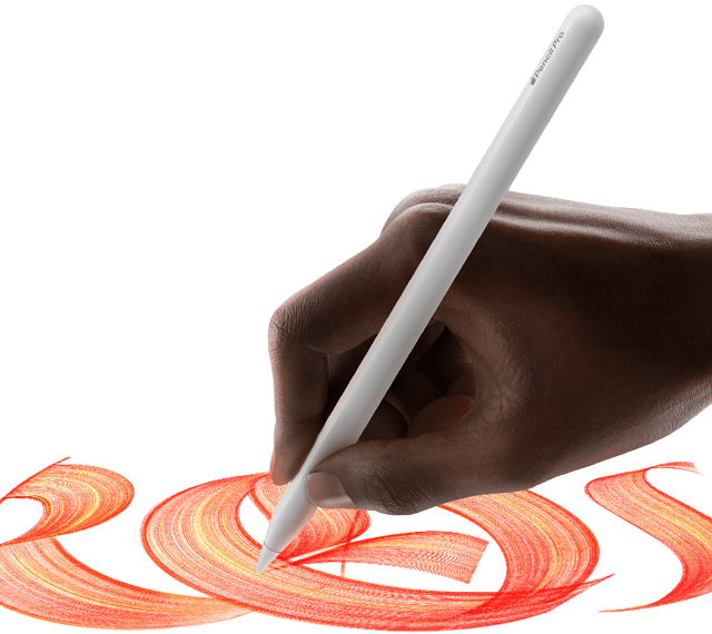 Apple Pencil Pro v ruce uživatele při psaní ozdobného písma s barevnými kudrlinkami