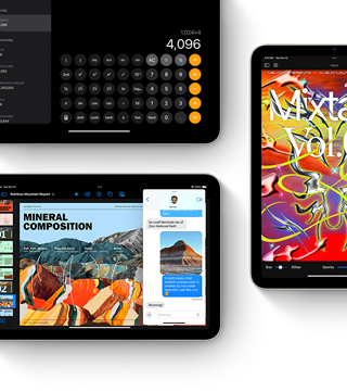 Displeje tří iPadů mini s ukázkou funkcí a aplikací v iPadOS