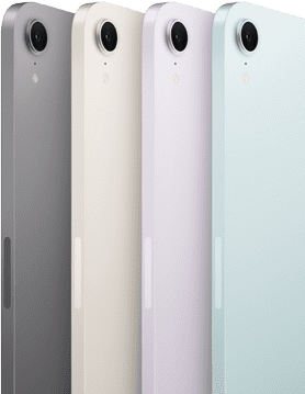 Négy iPad mini modell hátlapi kamerája, az elérhető színekben: asztroszürke, csillagfény, lila és kék