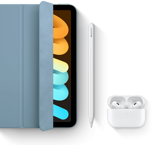 iPad mini használata a Smart Folio, Apple Pencil Pro és AirPods Pro kiegészítőkkel.