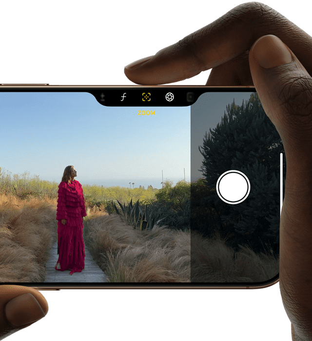 Kamera vezérlése iPhone 16 Pro-n, ujj jobbra mozdítva a telefon oldalán állítja az élesség mélységét