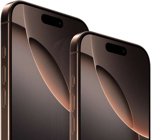 6,9 hüvelykes iPhone 16 Pro Max és 6,3 hüvelykes iPhone 16 Pro elölnézetből, Művelet gombbal, hangerőgombokkal, Dynamic Islanddel a készülékek felső részén középen.