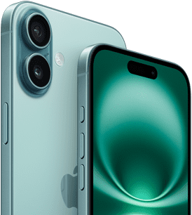 iPhone&nbsp;16&nbsp;Plus és iPhone&nbsp;16, akciógomb, hangerőgombok, oldalsó gomb és kamera vezérlőgomb, teljes előlapot lefedő kijelző, Dynamic Island középen felül, hátulnézet, kékeszöld szín, fejlett, kiemelkedő dupla kamerarendszer a bal felső sarokban, középen Apple-logó