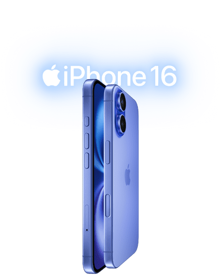 Két ultramarinkék iPhone&nbsp;16 egymással szemben elhelyezve, oldalnézet, hangerőgombok, akciógomb, oldalsó gomb, kamera vezérlőgomb, középen Apple-logó, kiemelkedő, fejlett dupla kamerarendszer