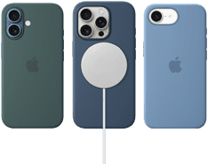 Különféle MagSafe kiegészítők iPhone-hoz: tózöld szilikontok MagSafe-fel iPhone&nbsp;16-hoz, farmerhatású szilikontok MagSafe-fel iPhone&nbsp;16&nbsp;Pro-hoz, fehér MagSafe töltőhöz csatlakoztatva, valamint jégkék szilikontok iPhone&nbsp;16e-re