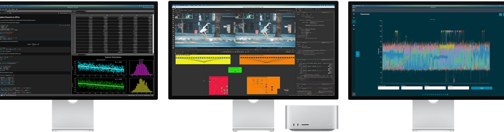  Mac&nbsp;Studio és három Studio Display, mindegyik kijelzőn más-más macOS-alkalmazás képével