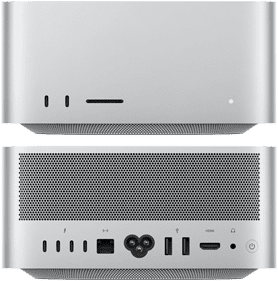 A Mac Studio elölnézeti képe, amelyen látszik a két USB-C port és az SDXC-kártyaolvasó nyílása, valamint hátulnézeti képe, amelyen látható a négy USB-C és a két USB-A port, az Ethernet-port, a HDMI-port és fejhallgató-csatlakozó