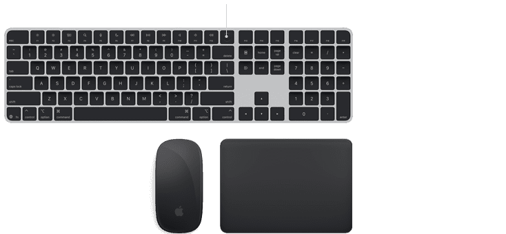 Magic kiegészítők: Touch&nbsp;ID-s Magix Keyboard, Magic&nbsp;Mouse és Magic&nbsp;Trackpad asztroszürke színben, egymás mellett