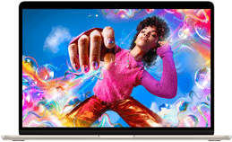 A MacBook Air képernyője egy színes képpel, amely a Liquid Retina kijelző színtartományát és felbontását mutatja.