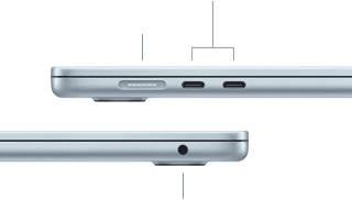 A MacBook Air oldalsó nézetei a portokkal: MagSafe és két Thunderbolt 4 port a bal oldalon, fejhallgató-csatlakozó a jobb oldalon.