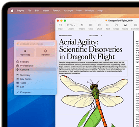 Egy szitakötük repüléséről szóló tudományos dokumentum összefoglalása az Apple Intelligence Íráseszközök használatával.