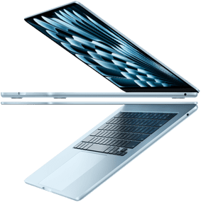 Két MacBook Air laptop a kijelzők egymáshoz viszonított méretének bemutatására: a kijelzők mérete átlósan 13,6 hüvelyk és 15,3 hüvelyk.