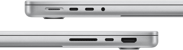 A 14 hüvelykes MacBook Pro 14 hüvelykes MacBook Pro és az M3 Pro portjainak oldalnézetben: bal oldalon egy MagSafe port, két Thunderbolt 4 port és egy fejhallgató-csatlakozó; jobb oldalon egy SDXC-kártyahely, egy Thunderbolt 4 port és egy HDMI-port.