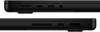 MacBook Pro portok - bal oldal: MagSafe, két Thunderbolt port és fejhallgató-csatlakozó; jobb oldal: SDXC, egy Thunderbolt port és HDMI
