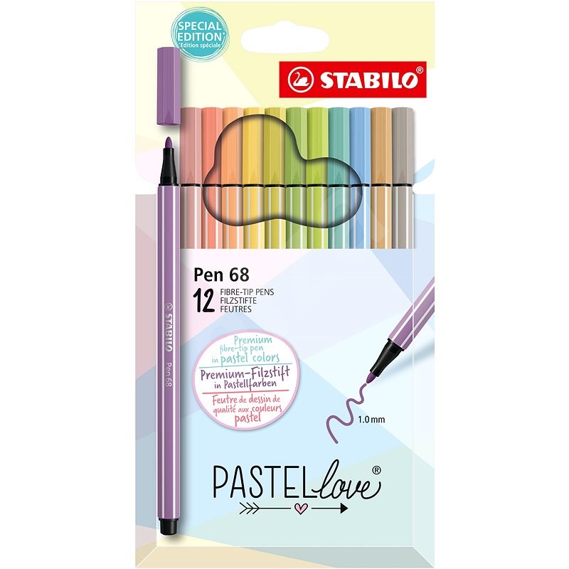 STABILO Pen 68 - Pastellove - 12 db-os szett - 12 különböző szín - Filctoll