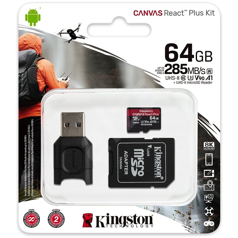 Kingston Canvas React Plus microSDXC 64GB + SD adapter és kártyaolvasó - Memóriakártya