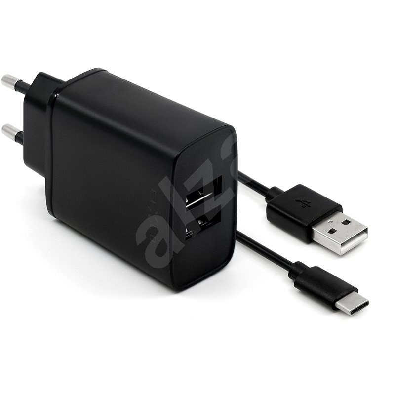 FIXED Smart Rapid Charge 15W 2xUSB kimenettel és 1m fekete USB/USB-C kábellel - Hálózati adapter
