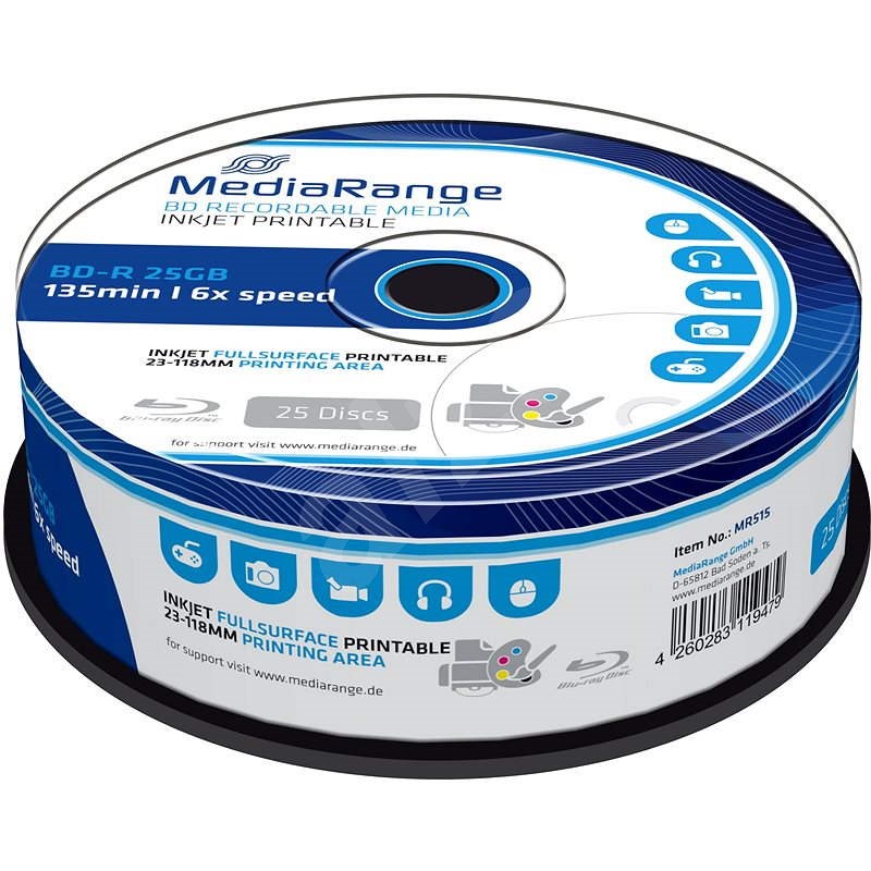 MediaRange BD-R (HTL) 25GB, Inkjet Printable, 25db cakebox - Média