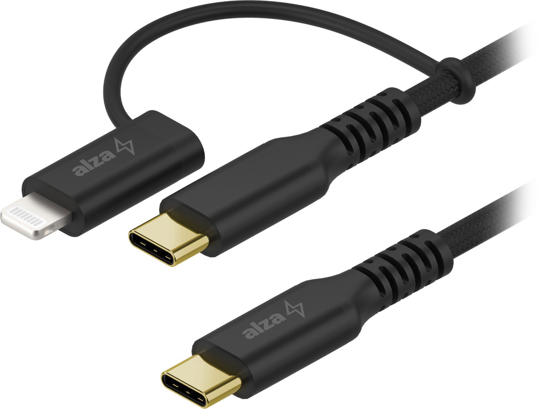 AlzaPower AluCore 2in1 USB-C to USB-C/Lightning, MFi, 60 W, 1,2 m, fekete