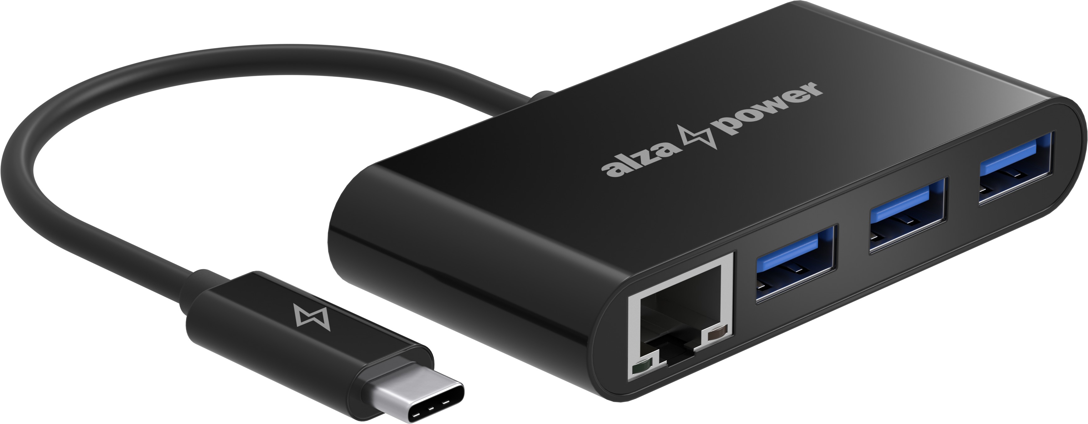 AlzaPower USB Hub USB-C (M) to 3× USB-A 3.0 (F) + RJ45, fekete