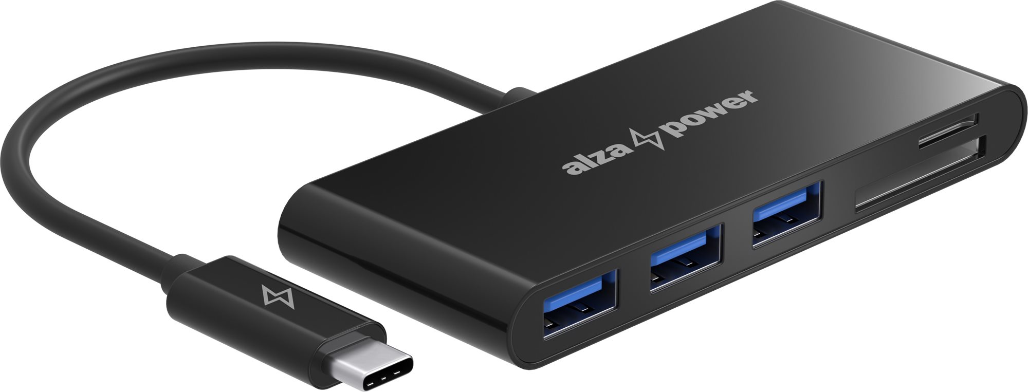 AlzaPower USB Hub USB-C (M) to 3× USB-A 3.0 (F) + Card Reader, fekete
