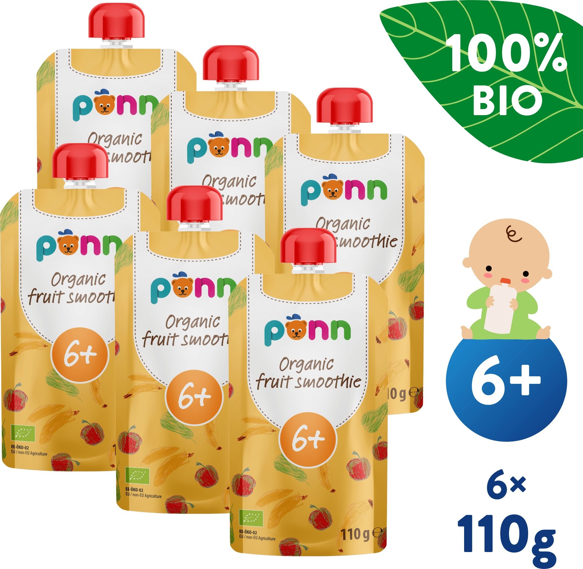 SALVEST Ponn BIO gyümölcsös smoothie ananásszal, 6× 110 g