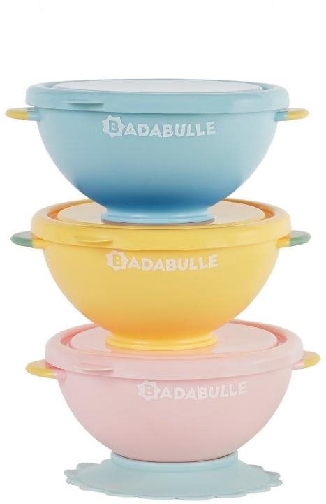 Badabulle Tálak készlete fedelekkel és tapadókoronggal Fun Colours